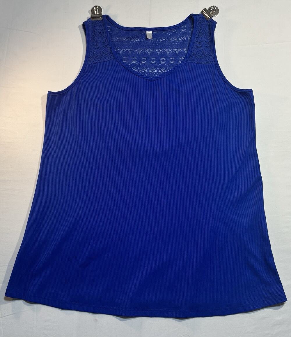 Womens XL Royal Blue Lace Yoke Sleeveless Tank Top Stretch Ribbed Casual Blouse